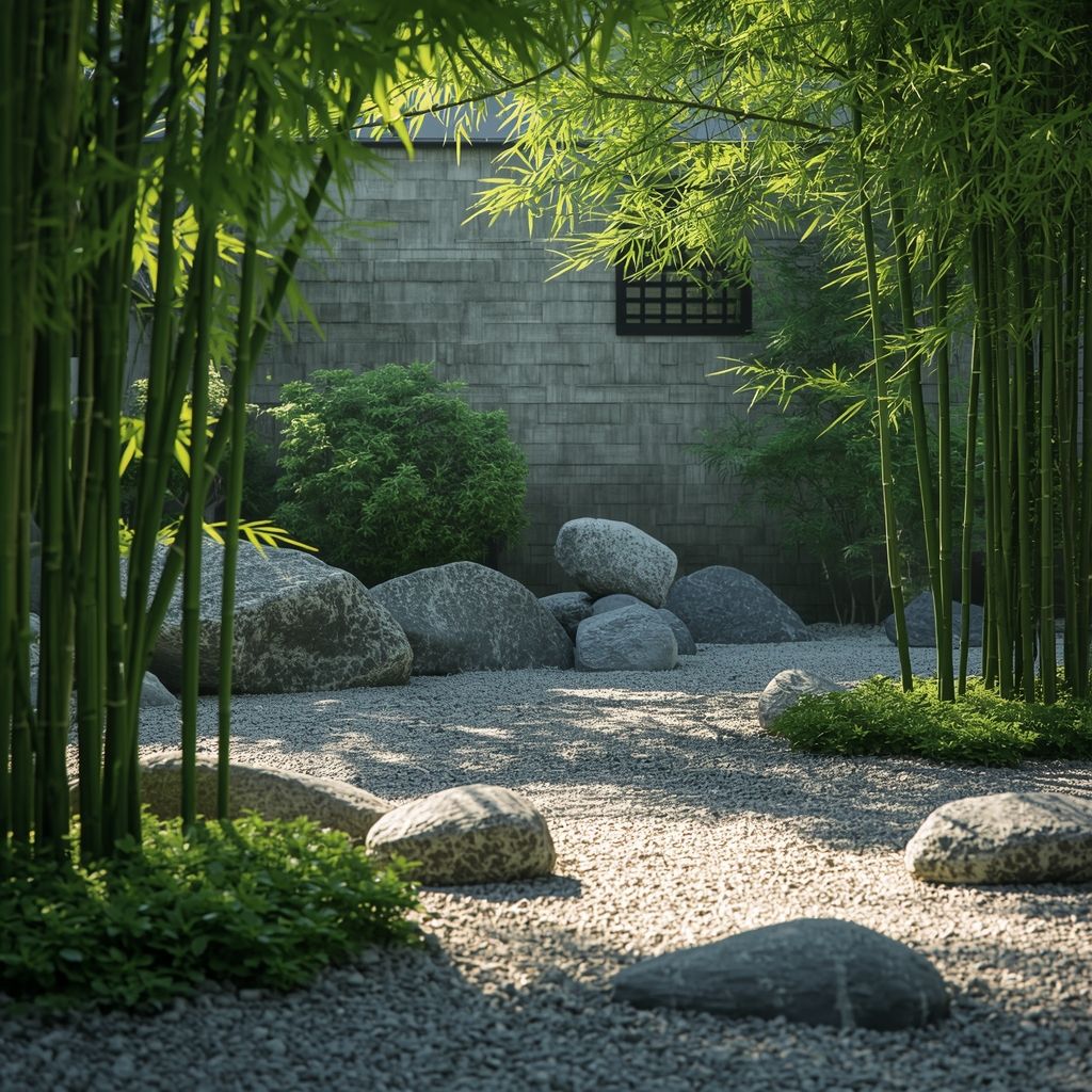 Peaceful zen garden with stones and bamboo, sunlight streaming through leaves, photorealistic, no people